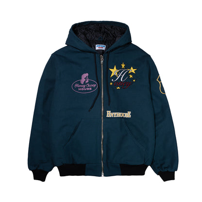 EMB CANVAS HOODED WORK JACKET TEAL