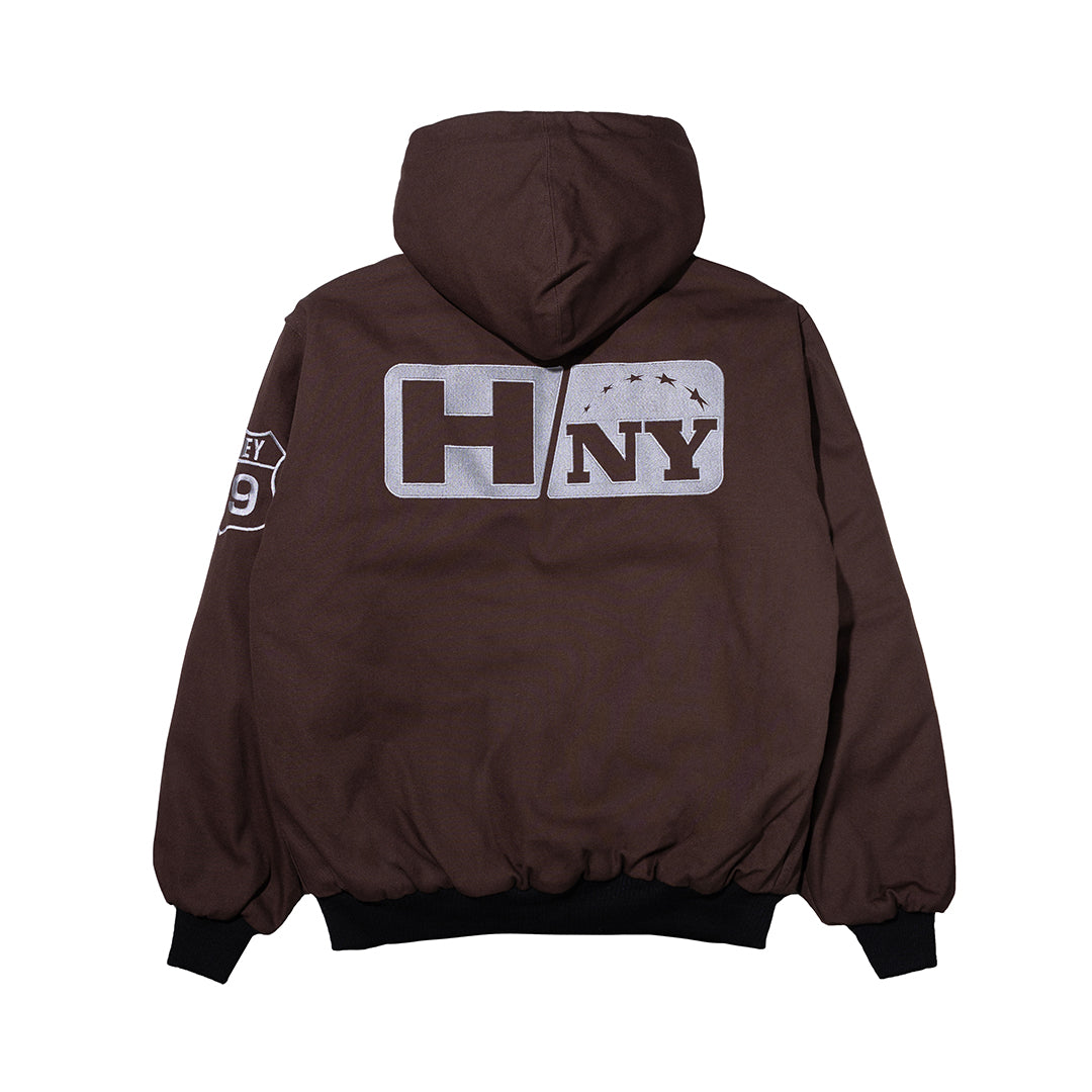 EMB CANVAS HOODED WORK JACKET BROWN