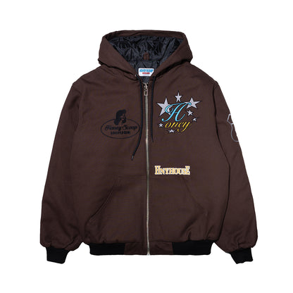 EMB CANVAS HOODED WORK JACKET BROWN